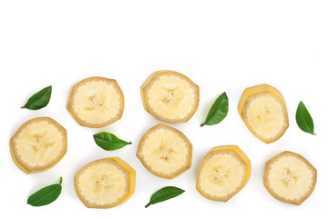 Banana slices with leaves isolated on a white background with copy space for your text. Flat lay, top view