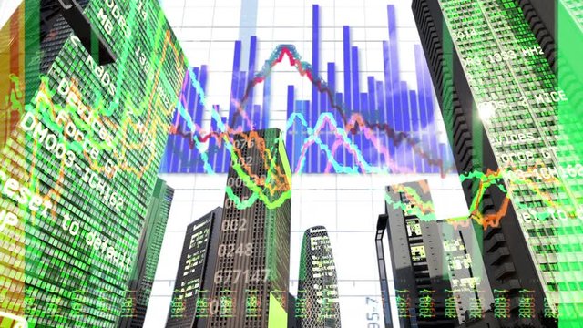 tokyo city timelapse with financial stock and data information mapped onto each building face