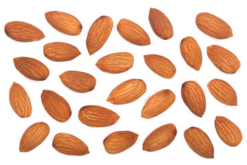 almonds isolated on white background. Top view. Flat lay pattern
