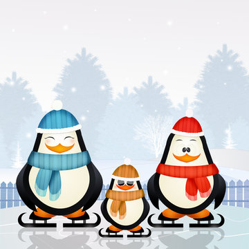 illustration of penguins skating on ice in winter