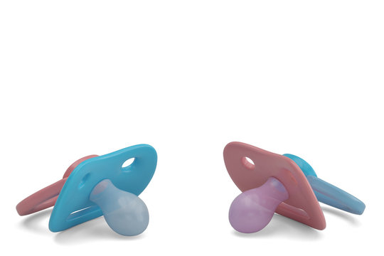 Blue and pink baby pacifiers on white background 3D illustration.