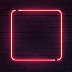 Square pink neon sign. Vector realistic neon rectangle on brick wall. - obrazy, fototapety, plakaty