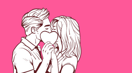 Sketch Young Couple Kisssing Holding Heart Shape In Hands Over Background With Copy Space Vector Illustration