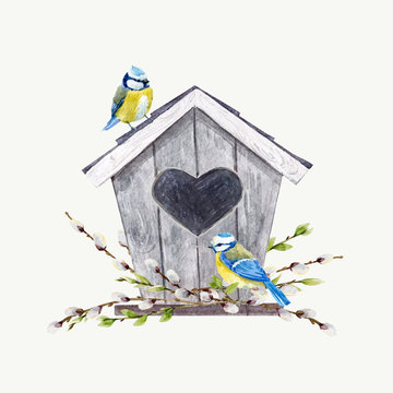 Watercolor vector birdhouse with birds