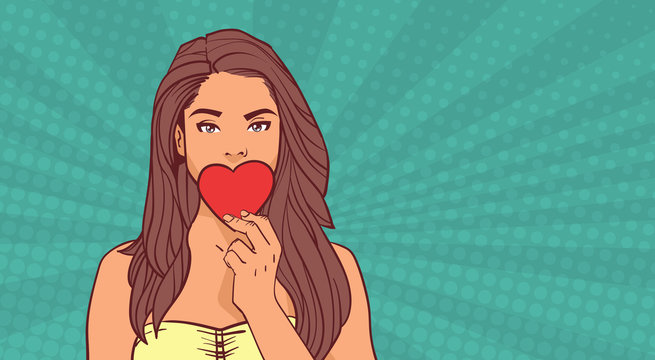 Cute Girl Closing Mouth With Red Heart Love Symbol Over Comic Pop Art Background Valentines Day Concept Vector Illustration