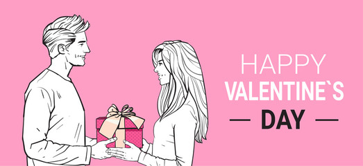 Happy Valentines Day Poster Sketch Man Give Gift Box To Woman Couple In Love Dating Holiday Present Vector Illustration