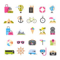 Set Of Icons For Travel And Tourism Active Vacation, Sea Beach Recreation Holiday Concept Flat Vector Illustration