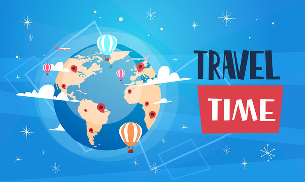 Travel Poster With Worlds Globe On Blue Background Retro Tourism Banner Vector Illustration