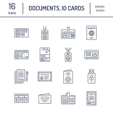 Documents, identity vector flat line icons. ID cards, passport, press access student pass, visa, migration certificate, token, legal contract illustration. Notarial office signs.