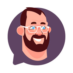 Profile Icon Male Head In Chat Bubble Isolated, Bearded Caucasian Man Wearing Glasses Avatar Cartoon Character Portrait Flat Vector Illustration