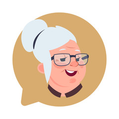 Fototapeta premium Profile Icon Senior Female Head In Chat Bubble Isolated, Elderly Woman Avatar Cartoon Character Portrait Flat Vector Illustration