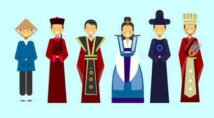 Traditional Asian Clothes Set People Wearing Beautiful National Costumes Flat Vector Illustration