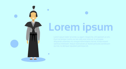 Asian Man Wearing Traditional Korean Costume Over Template Background With Copy Space Flat Vector Illustration