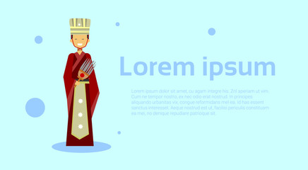 Asian Man Wear National Clothes Over Template Background With Copy Space Flat Vector Illustration
