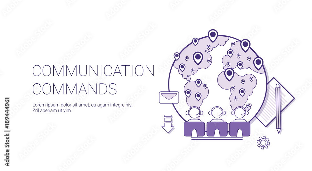 Poster communication commands global network technology concept banner with copy space thin line vector ill