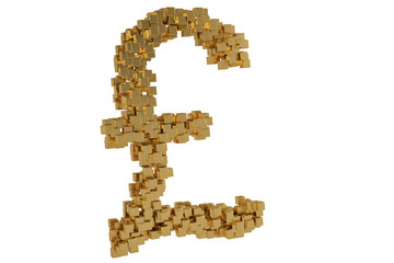 Small gold blocks build up to form the gbp symbol.3D illustration.