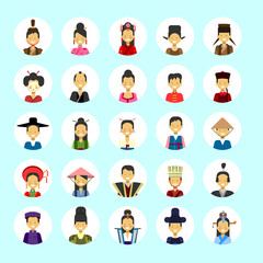 Asian Man And Woman Avatar Set Icon Female Male In Traditional Costume Profile Portrait Collection Flat Vector Illustration