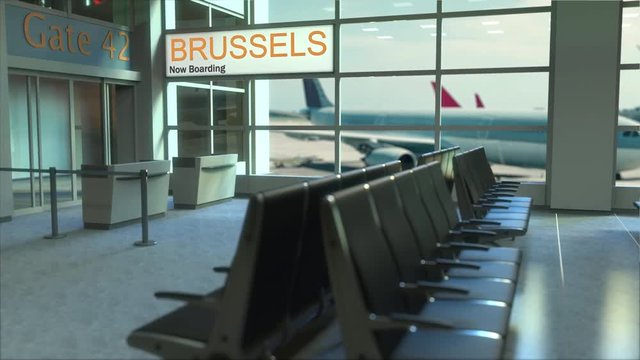 Brussels flight boarding now in the airport terminal. Travelling to Belgium conceptual intro animation
