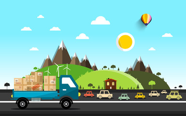 Cars on the Road. Vector Natural Landscape.