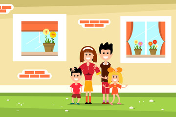 Obraz na płótnie Canvas Family with Family House Wall and Windows. Vector Flat Design Illustration.