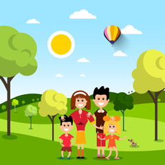 Family in Park. People on Field. Vector Flat Design Illustration.