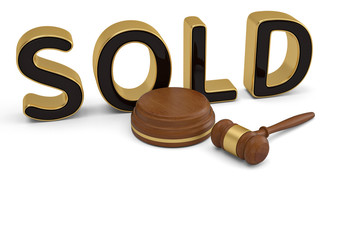 Sold word and auction hammer on white background.3D illustration.