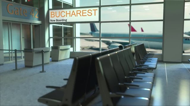 Bucharest flight boarding now in the airport terminal. Travelling to Romania conceptual intro animation