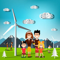 Obraz na płótnie Canvas People on Field with Windmills and Mountains on Background. Vector Paper Cut Design Cartoon.