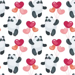 Fotobehang Dieren met ballon Naadloze patroon met de afbeelding van schattige panda& 39 s en harten. Kleurrijke vectorachtergrond.
