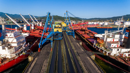 NAKHODKA, RUSSIA - CIRCA AUGUST, 2017: Coal terminals in the port of Nakhodka. It is the largest port in Russia, the main export goods in the port of Nakhodka are coal, oil, wood and metals
