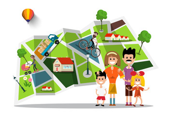 Obraz na płótnie Canvas Happy Family with City Map on Background. Flat Design Vector Smbol.