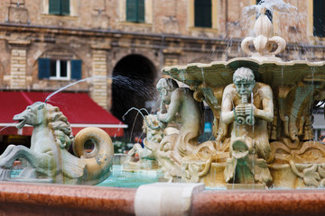 Fountain with lions in Pesaro, Italy. Details