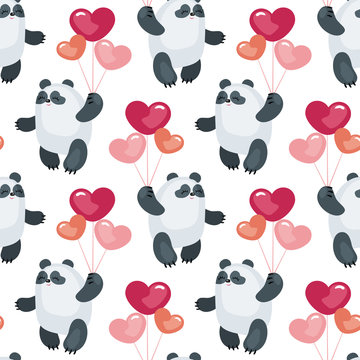 Seamless pattern with the image of cute pandas and hearts. Colorful vector background.