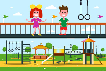 Obraz na płótnie Canvas Kids on Playground. Flat Design City Park Cartoon.