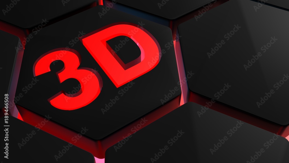 Poster 3d in red light on backlighted hexagons - 3d rendering