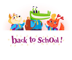Vector flat collection of happy animal student standing behind white paper background. Back to school illustration isolated on white background. Cartoon style. Good for poster banner, packaging design