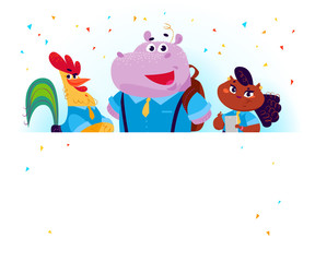 Vector flat collection of happy animal student standing behind white paper background. Back to school illustration isolated on white background. Cartoon style. Good for poster banner, packaging design