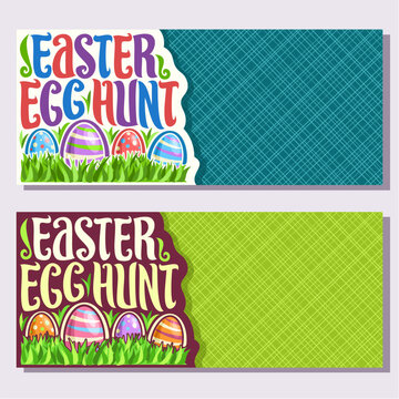 Vector banners for Easter holiday with copy space, original handwritten brush typeface for title text easter egg hunt, 4 colorful painted eggs on spring green grass, invitation for kids easter holiday