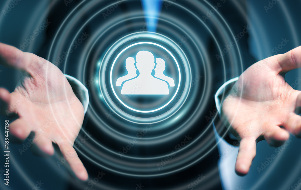 Poster businessman using blue social network 3d rendering