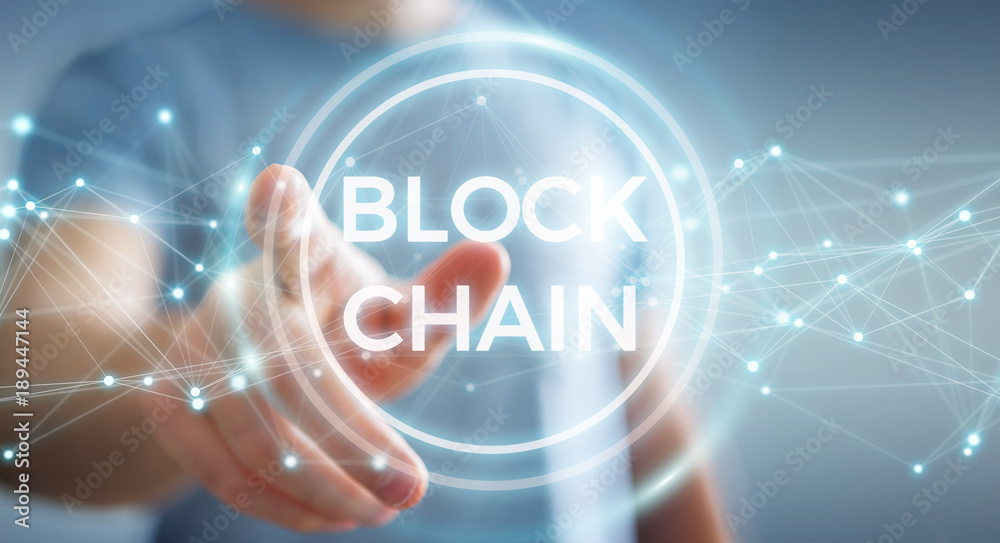 Poster Businessman using blockchain cryptocurrency interface 3D rendering