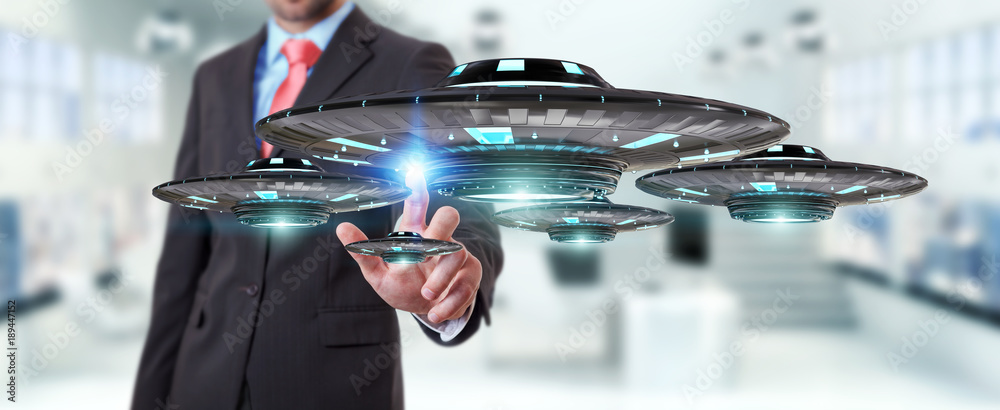 Poster businessman with retro ufo spaceship 3d rendering