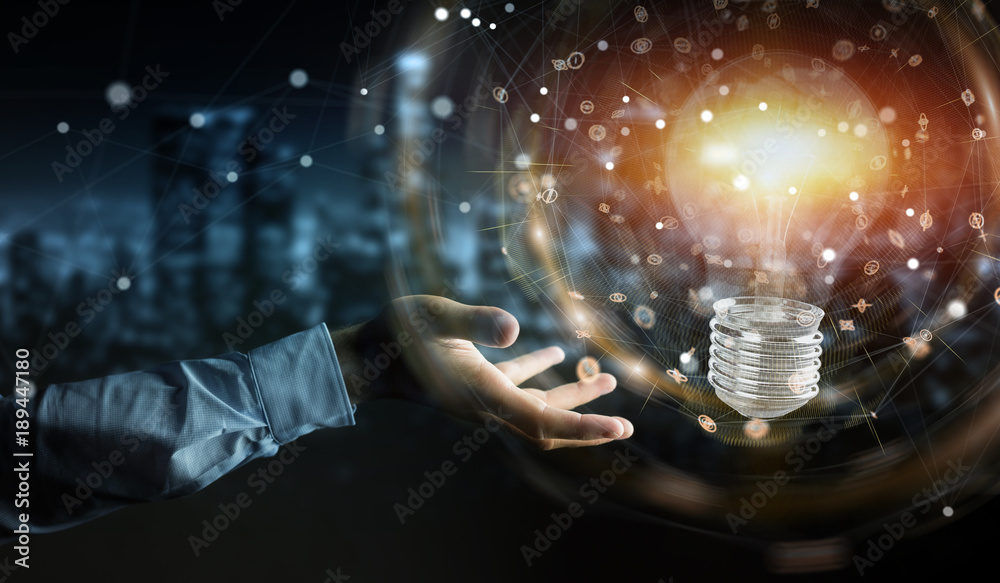 Poster businessman connecting modern lightbulbs with connections 3d rendering