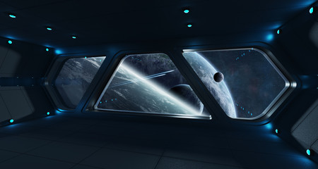 Plakat Spaceship futuristic interior with view on exoplanet