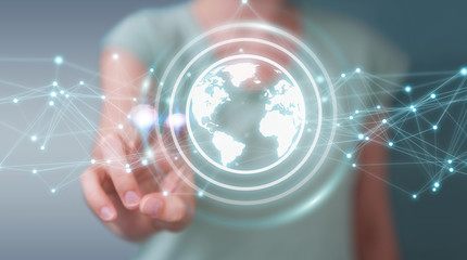 Businesswoman using planet earth network sphere 3D rendering
