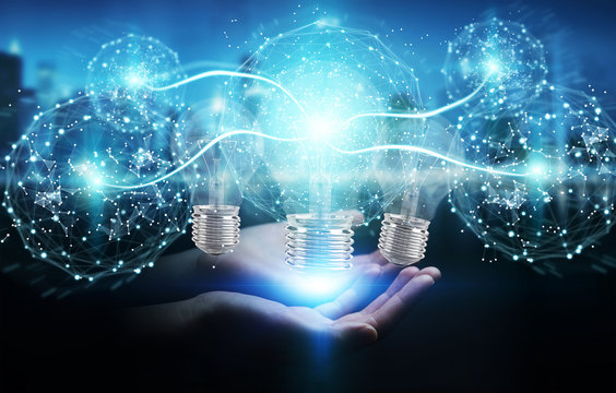 Businesswoman connecting modern lightbulbs with connections 3D rendering