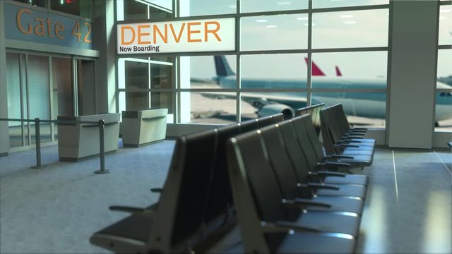 Denver flight boarding now in the airport terminal. Travelling to the United States conceptual intro animation