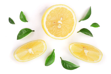 lemon and slices with leaf isolated on white background. Flat lay, top view