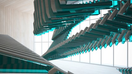 Fototapeta premium Abstract concrete and wood parametric interior with window. 3D illustration and rendering.