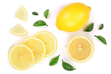 lemon and slices with leaf isolated on white background. Flat lay, top view