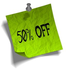 Green note paper with 50 PERCENT OFF message and push pin illustration.